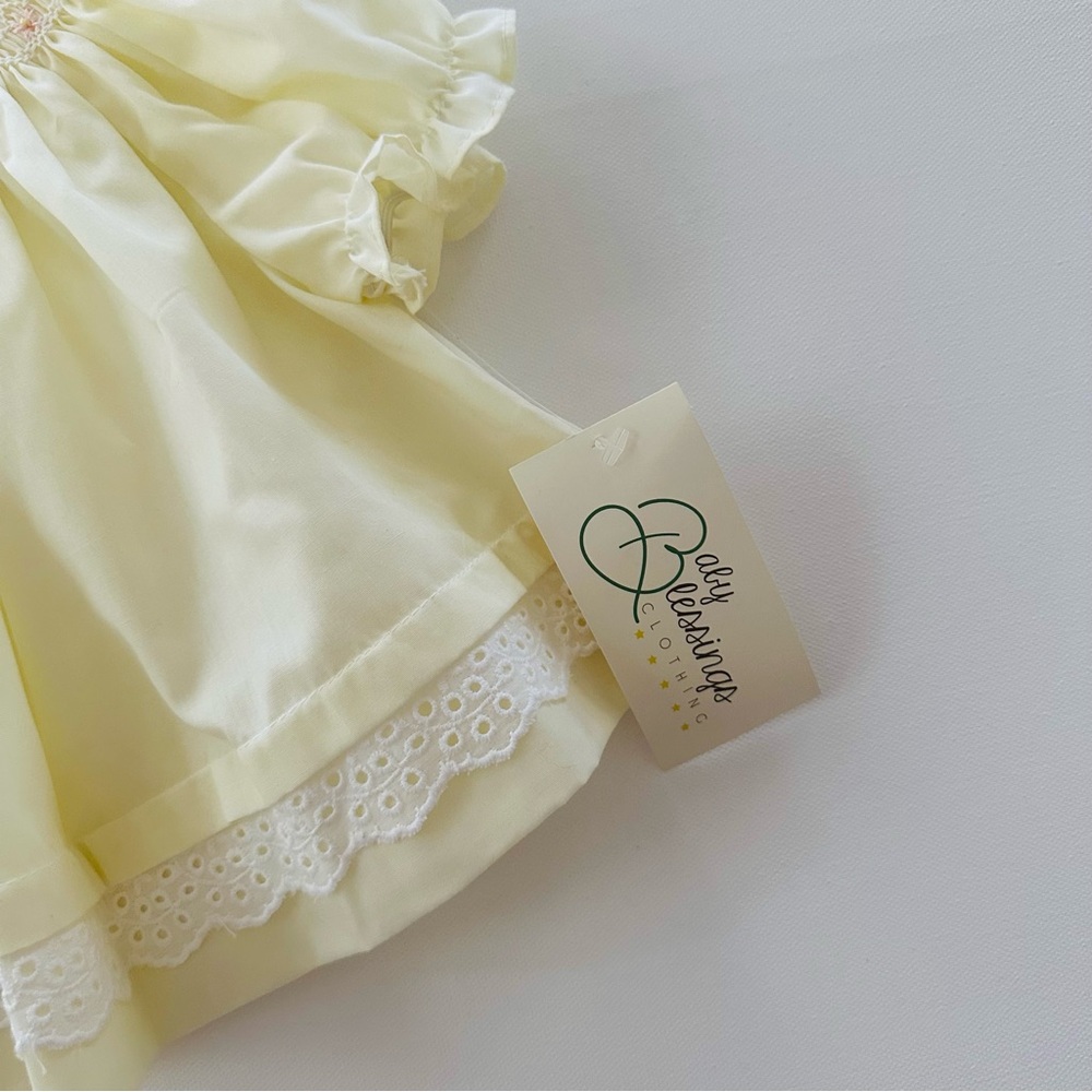 Vintage Baby Girl 9 Months Yellow Smocked Top & Diaper Cover Set Outfit NWT - Picture 3 of 6